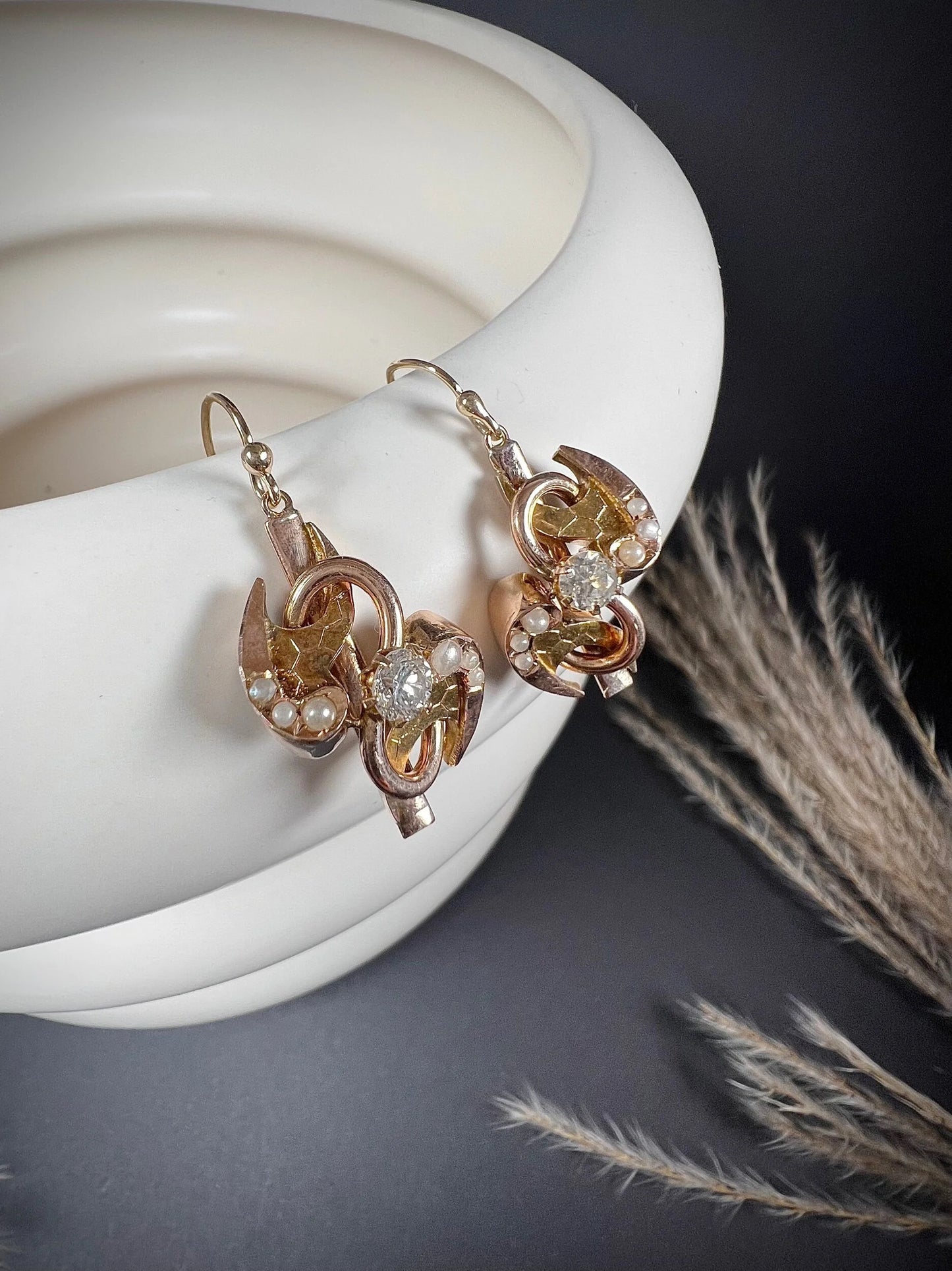 Victorian 12 Carat Gold Diamond and Pearl Drop Earrings, Circa 1880