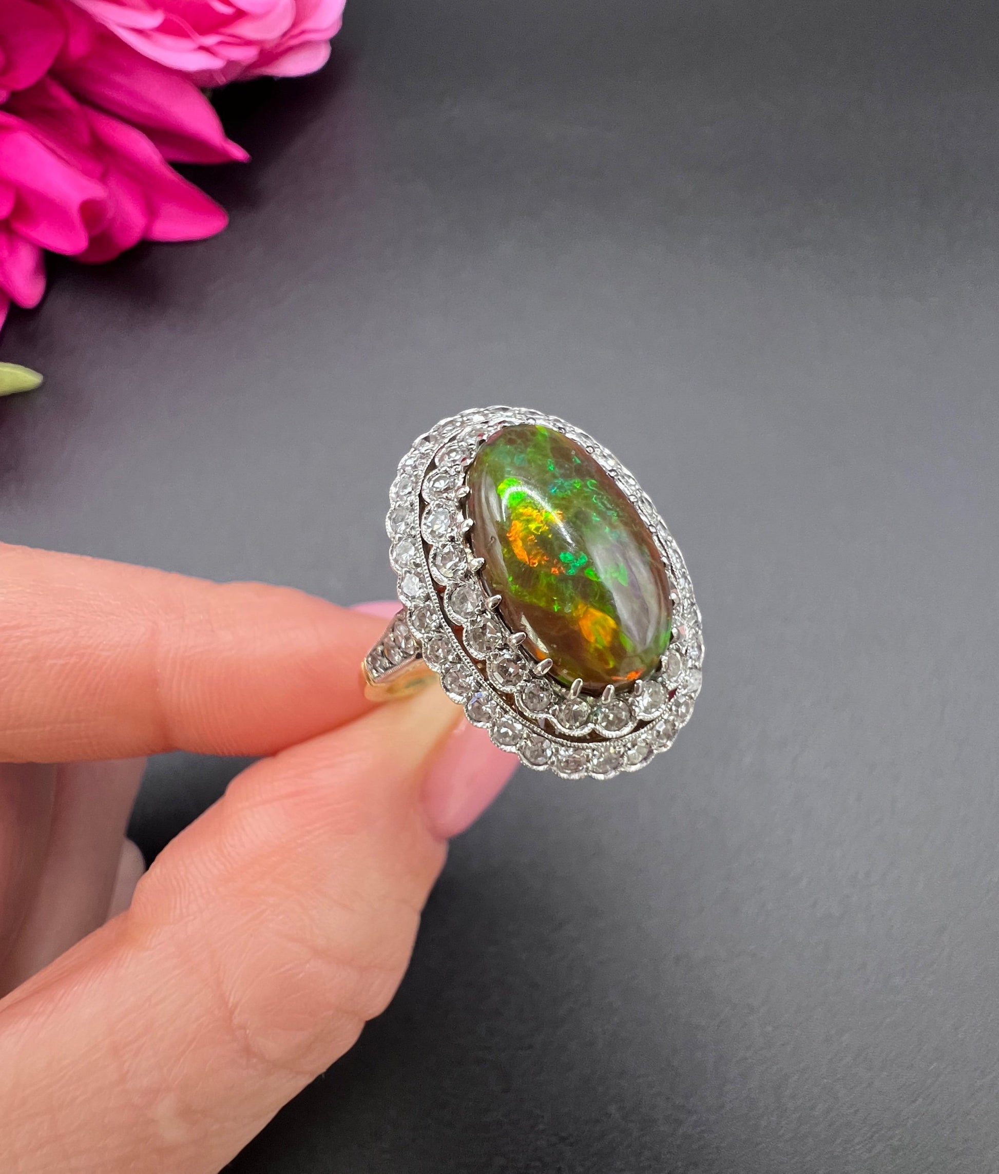 Vintage 18 Carat Gold, Platinum, Black Opal and Diamond Oval Cluster Ring