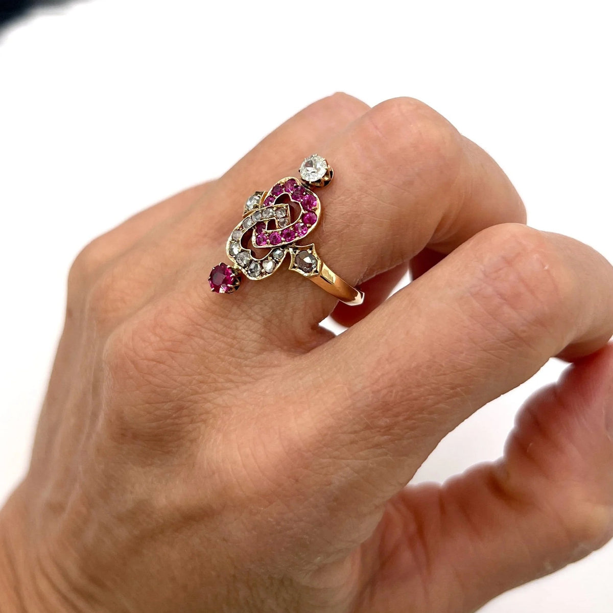 Victorian Antique Ruby and Diamond Double Heart Ring in 15ct Rose Gold
