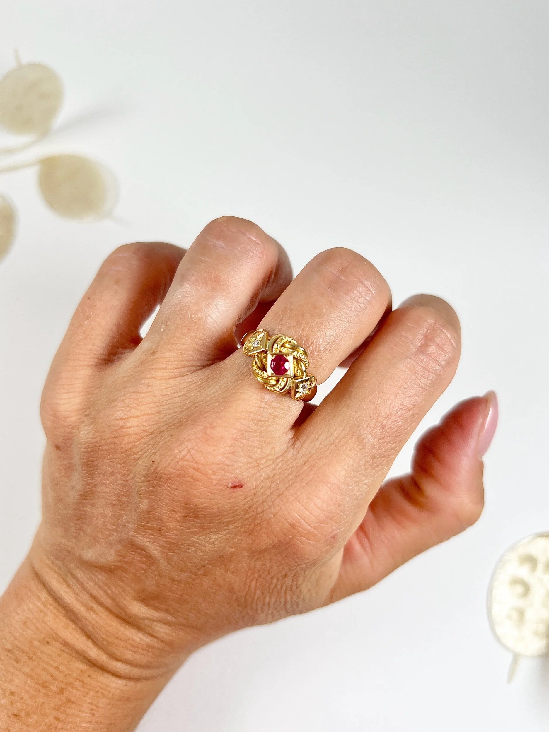 Antique 18 Carat Gold Ruby and Diamond Fancy Knot Ring, Hallmarked Birmingham 1916
