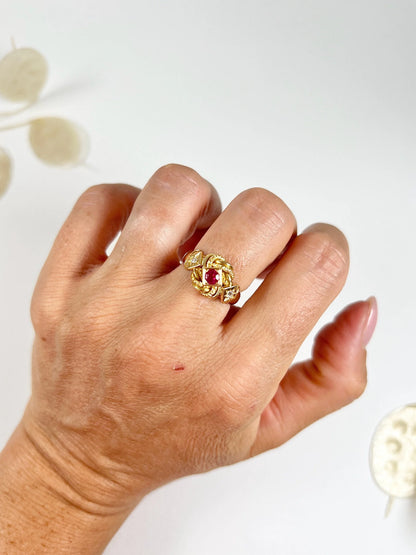 Antique 18 Carat Gold Ruby and Diamond Fancy Knot Ring, Hallmarked Birmingham 1916