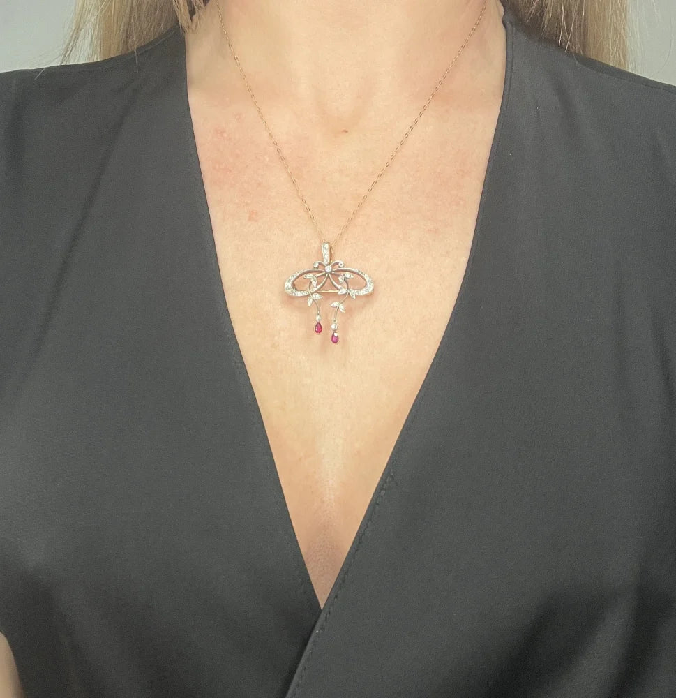 Belle Epoque Edwardian Antique Diamond Bow Pendant Brooch with Ruby Drops