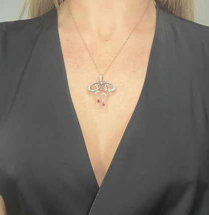Belle Epoque Edwardian Antique Diamond Bow Pendant Brooch with Ruby Drops
