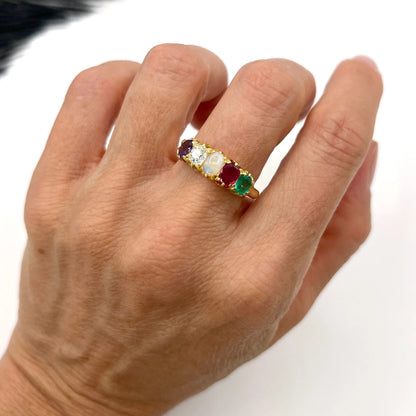 Antique Victorian ADORE Acrostic Ring 18ct Gold with Amethyst Diamond Opal Ruby Emerald