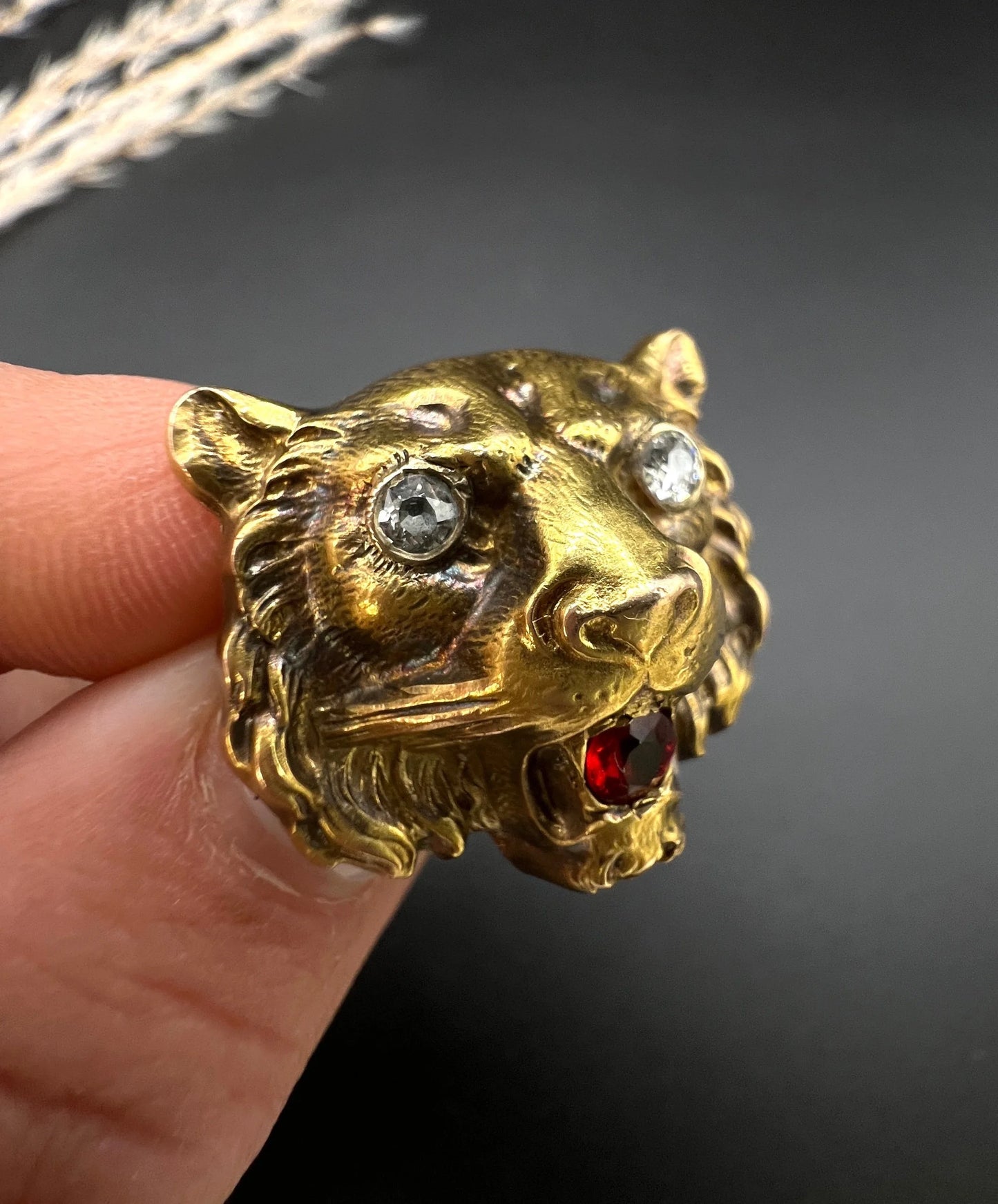 Antique 18 Carat Yellow Gold Diamond and Garnet Tiger's Head Brooch, Circa 1920