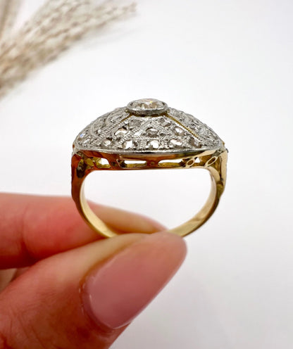 Antique 18 Carat Gold, Platinum, Diamond and Ruby Bombé Ring, Circa 1910