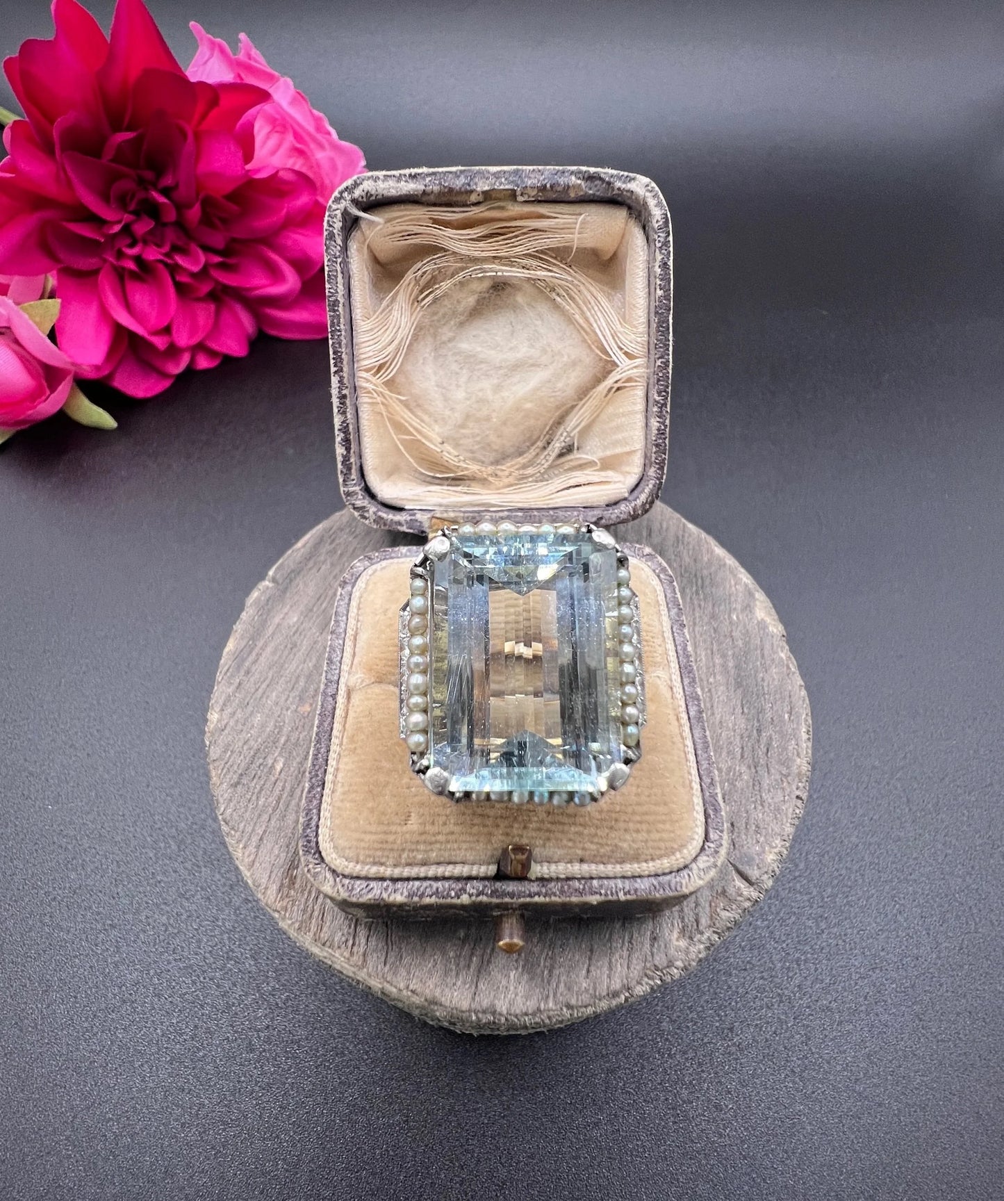 An aquamarine, pearl and diamond large cocktail ring in yellow gold and platinum, in a ring box