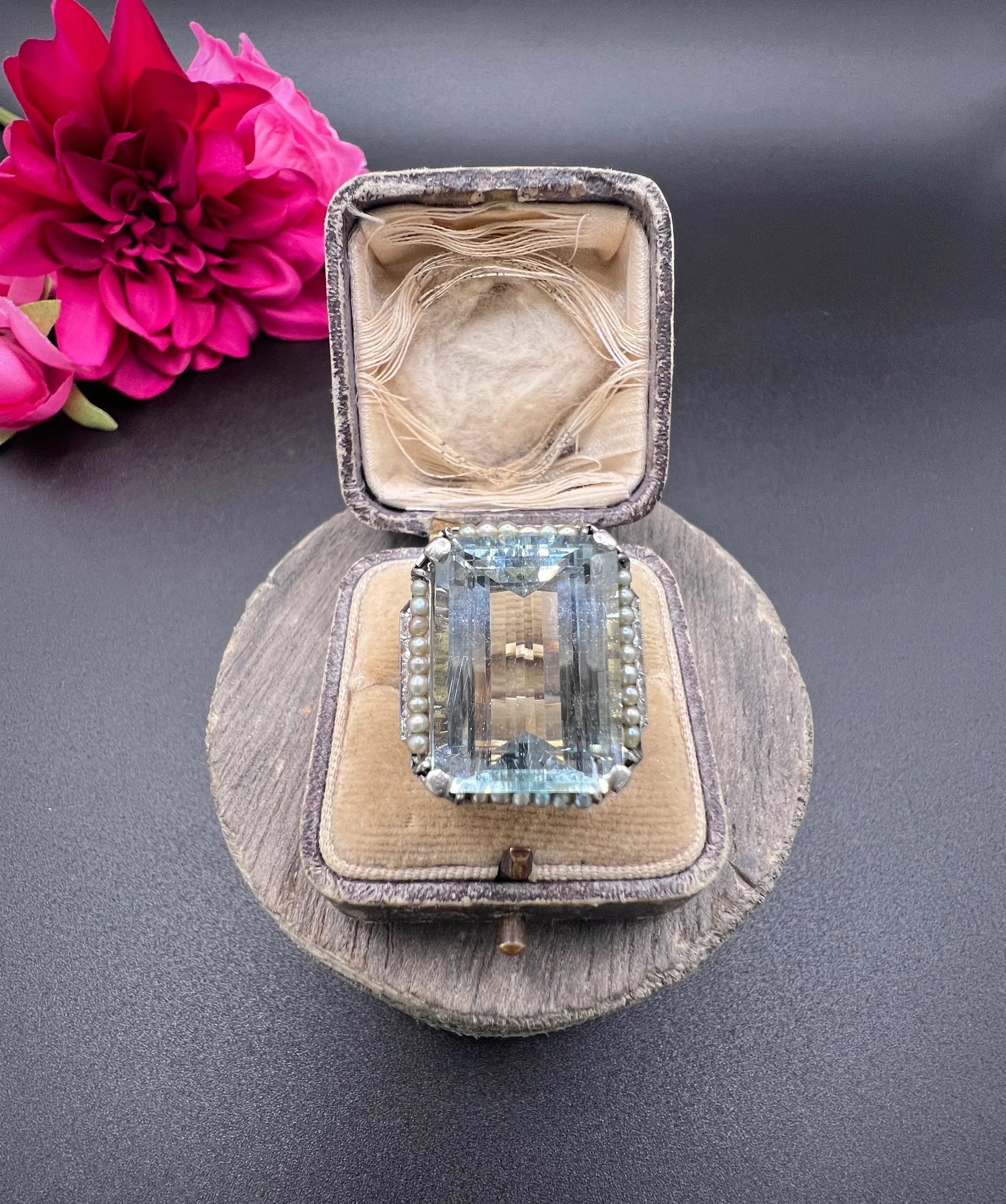 An aquamarine, pearl and diamond large cocktail ring in yellow gold and platinum, in a ring box