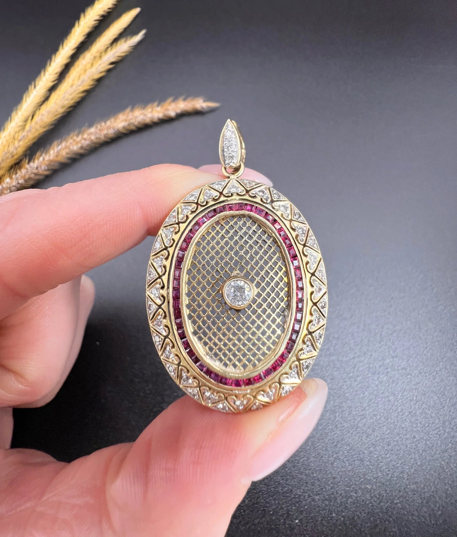Vintage 18 Carat Gold Stamped Ruby And Diamond Oval Pendant