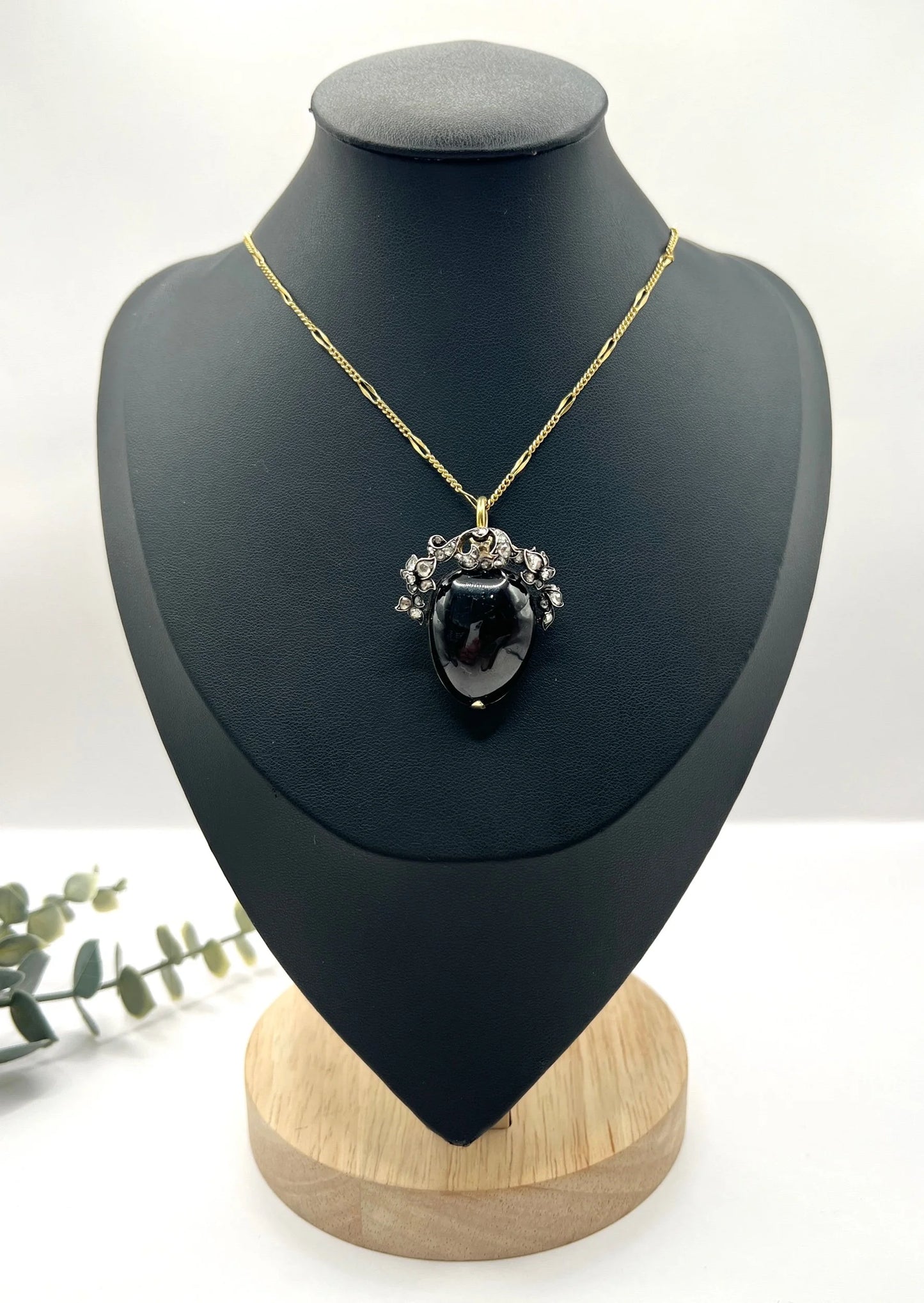 Early Victorian Antique Cabochon Garnet and Diamond Locket Pendant in Original Henry Tessier Box