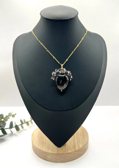 Early Victorian Antique Cabochon Garnet and Diamond Locket Pendant in Original Henry Tessier Box