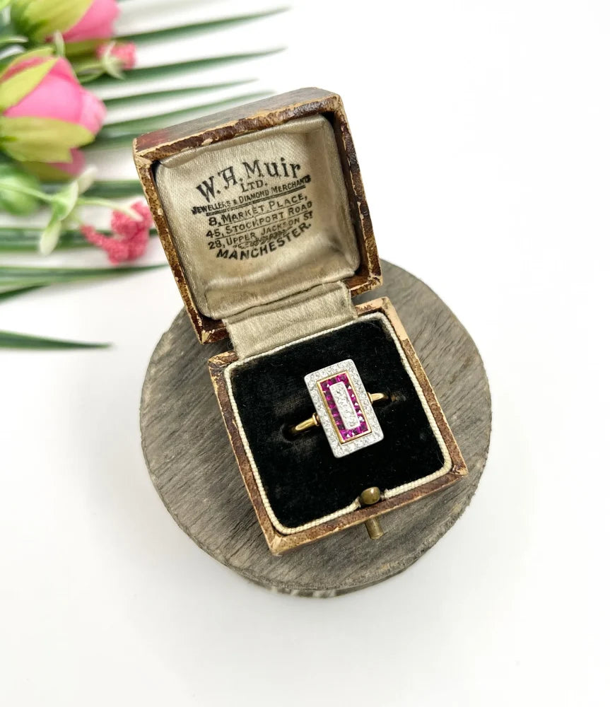 Art Deco Diamond and Ruby Cluster Tablet Ring