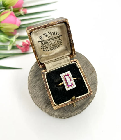 Art Deco Diamond and Ruby Cluster Tablet Ring