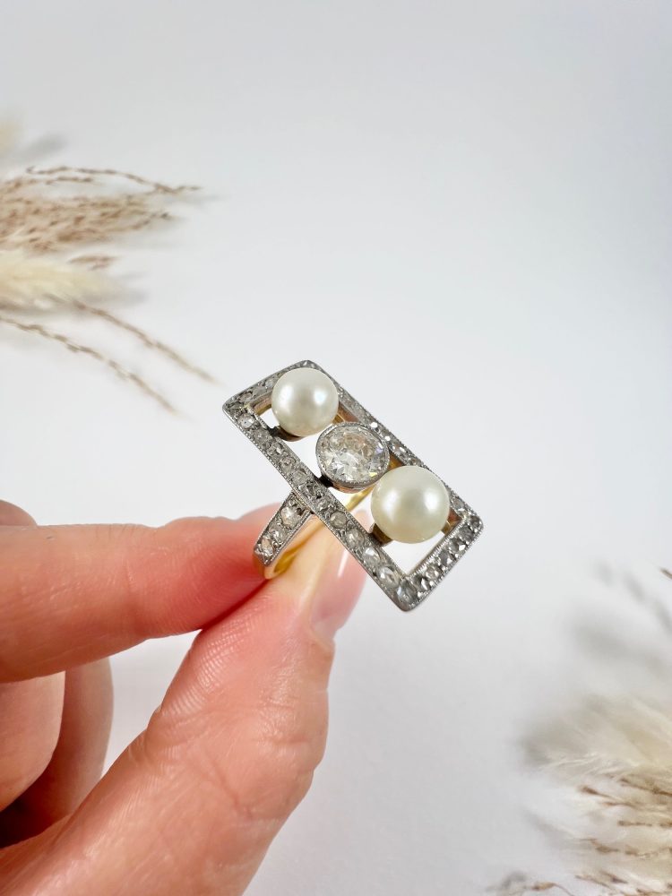 Edwardian Antique Pearl and Old Cut Diamond Trilogy Plaque Tablet Ring