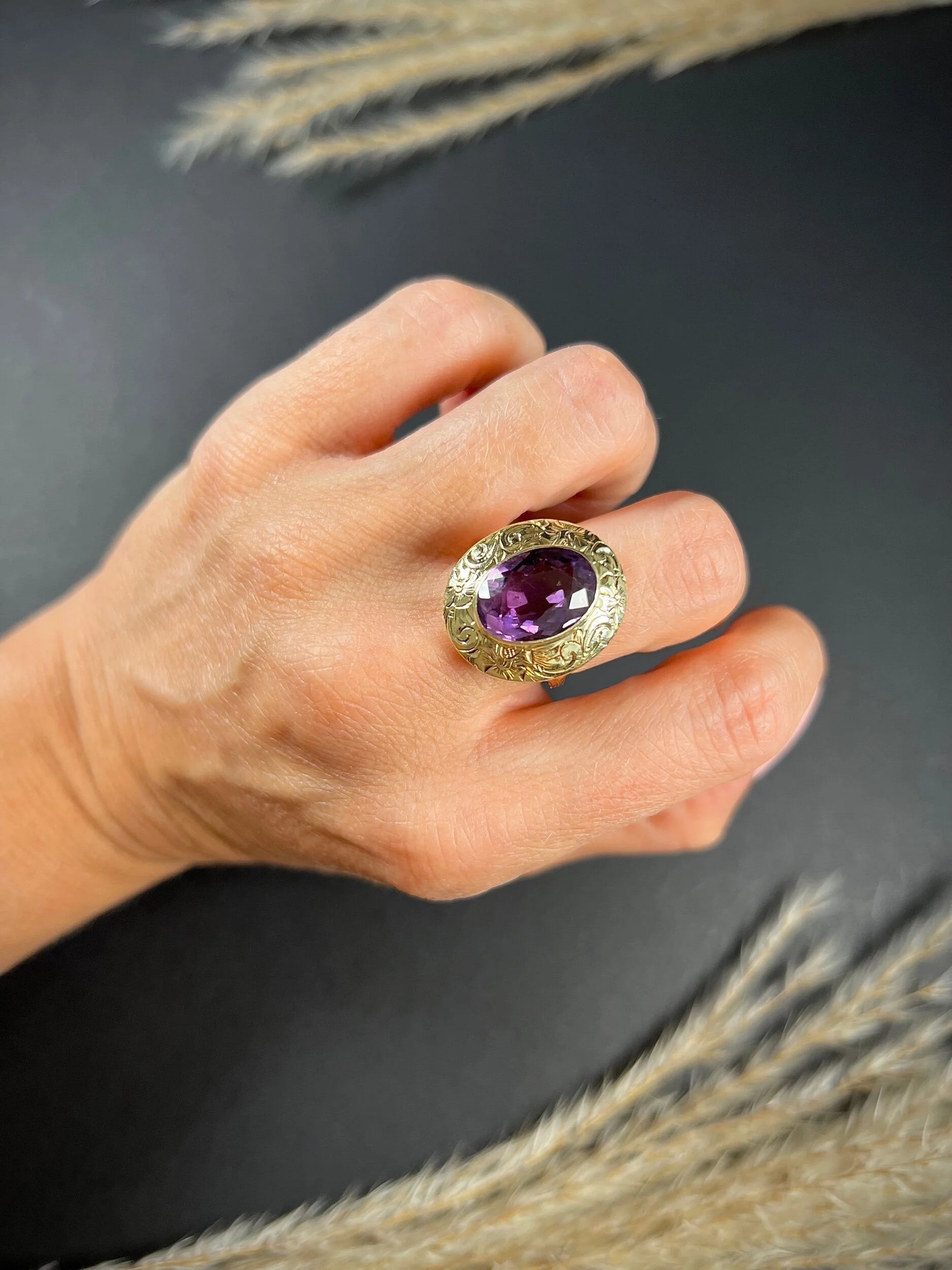 Antique 14ct Two Colour Gold, Fancy Victorian Faceted Amethyst Dress Ring