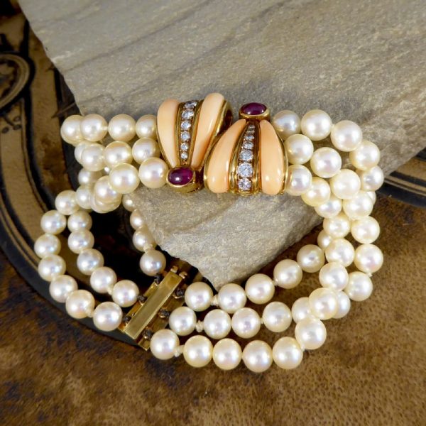 Vintage Coral, Cabochon Ruby and Diamond Three Row Pearl Bracelet
