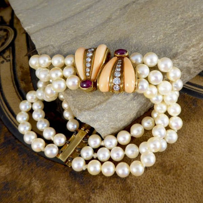 Vintage Coral, Cabochon Ruby and Diamond Three Row Pearl Bracelet