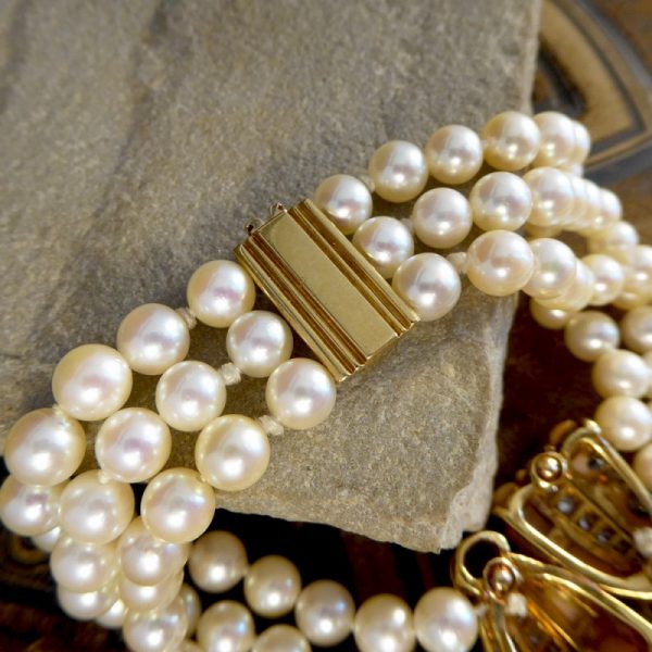 Vintage Coral, Cabochon Ruby and Diamond Three Row Pearl Bracelet