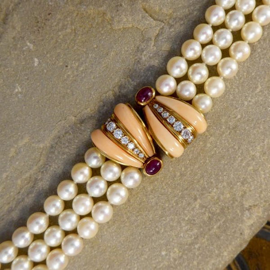 Vintage Coral, Cabochon Ruby and Diamond Three Row Pearl Bracelet