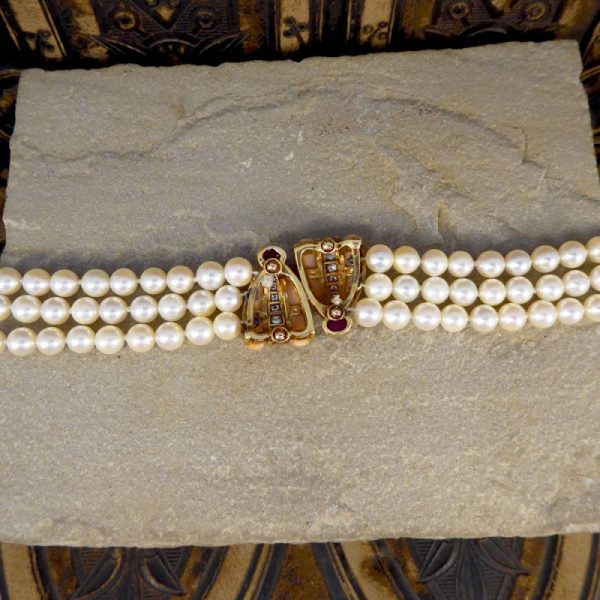 Vintage Coral, Cabochon Ruby and Diamond Three Row Pearl Bracelet