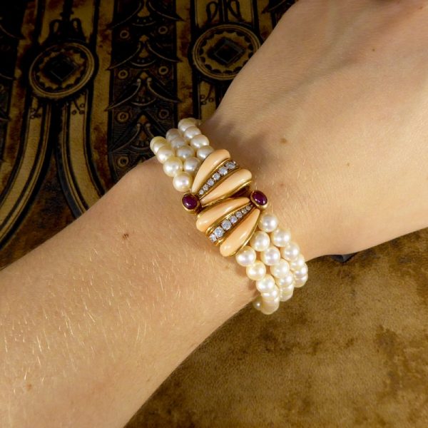 Vintage Coral, Cabochon Ruby and Diamond Three Row Pearl Bracelet