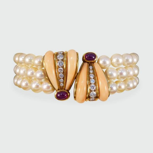 Vintage Coral, Cabochon Ruby and Diamond Three Row Pearl Bracelet
