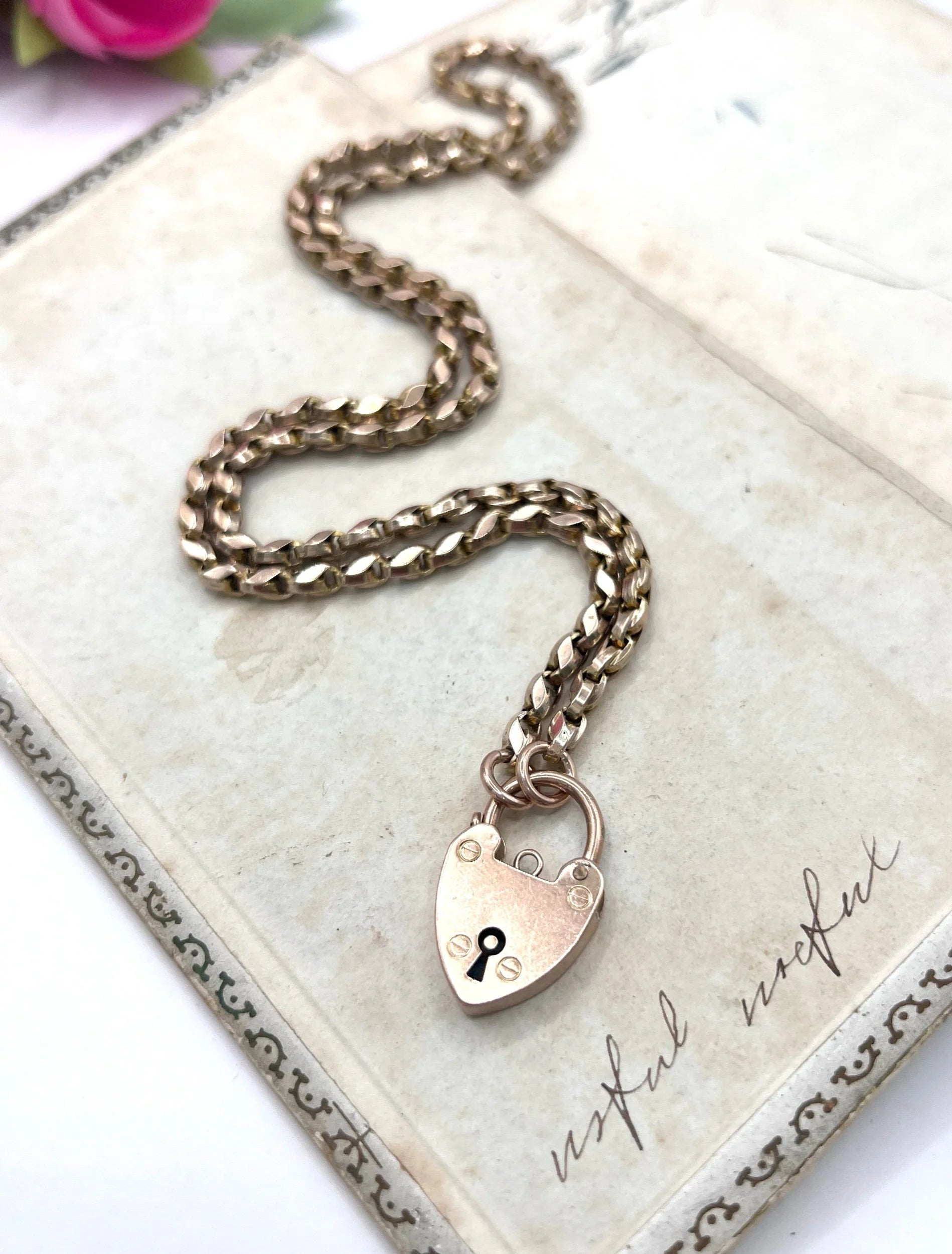Antique 9 Carat Rose Gold Tulip Link Chain with Edwardian Heart Padlock Clasp