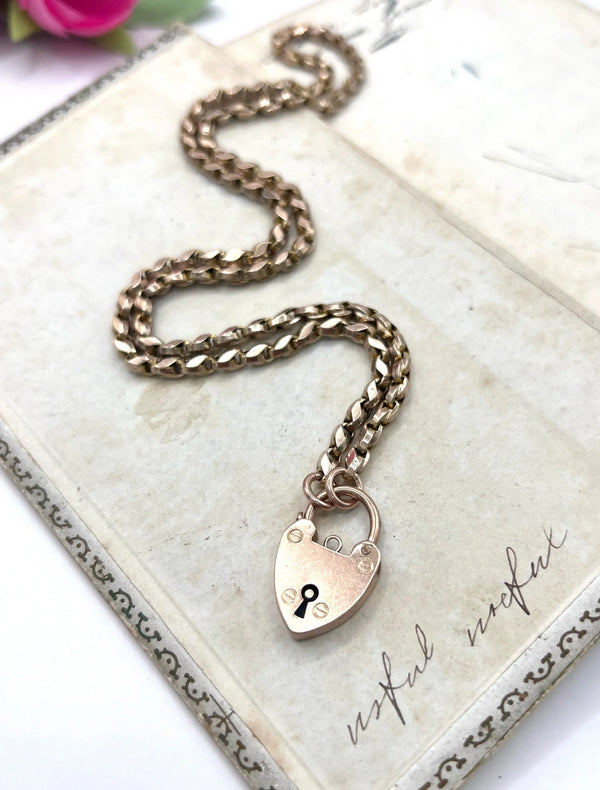 Antique 9 Carat Rose Gold Tulip Link Chain with Edwardian Heart Padlock Clasp