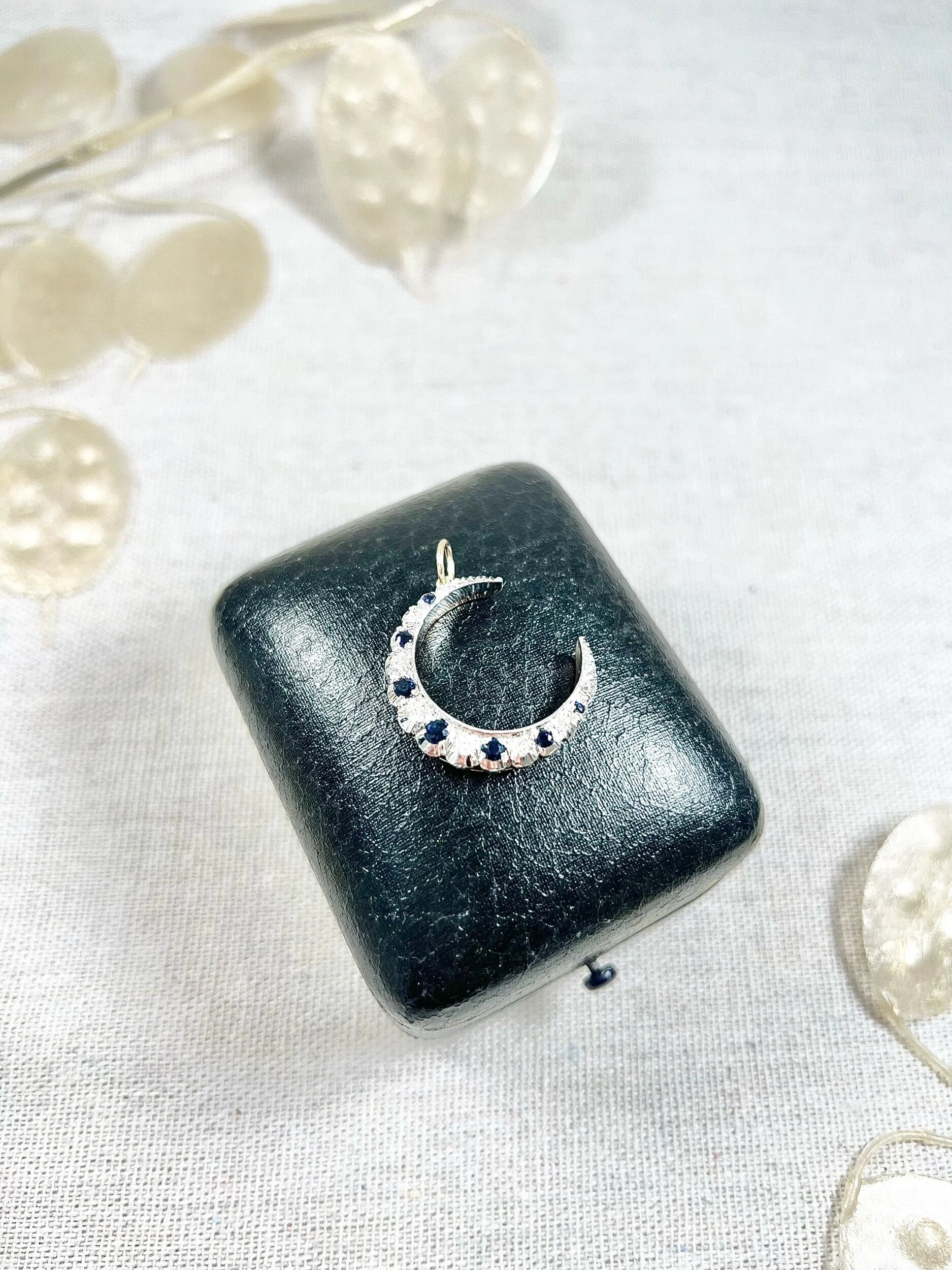 Victorian 9 Carat Gold, Silver, Sapphire and Diamond Crescent Moon Pendant