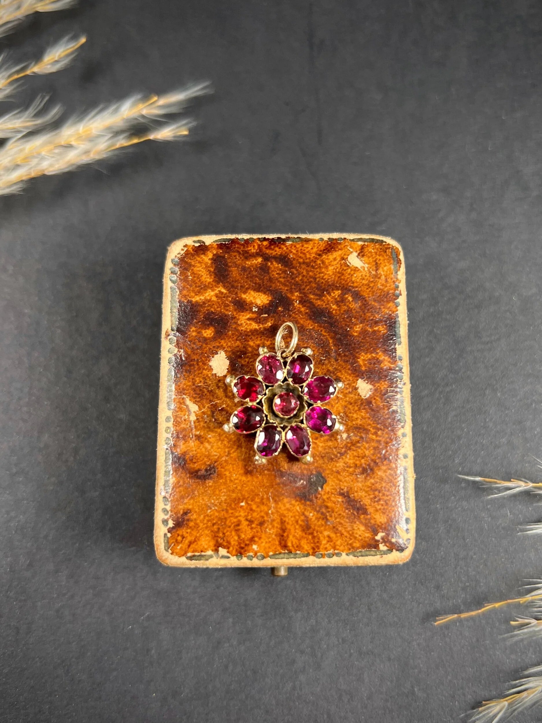 Antique 9ct Rose Gold, Early Victorian Almandine Garnet Floral Pendant
