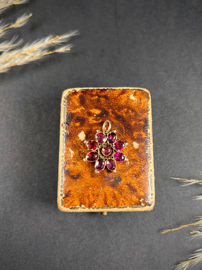 Antique 9ct Rose Gold, Early Victorian Almandine Garnet Floral Pendant