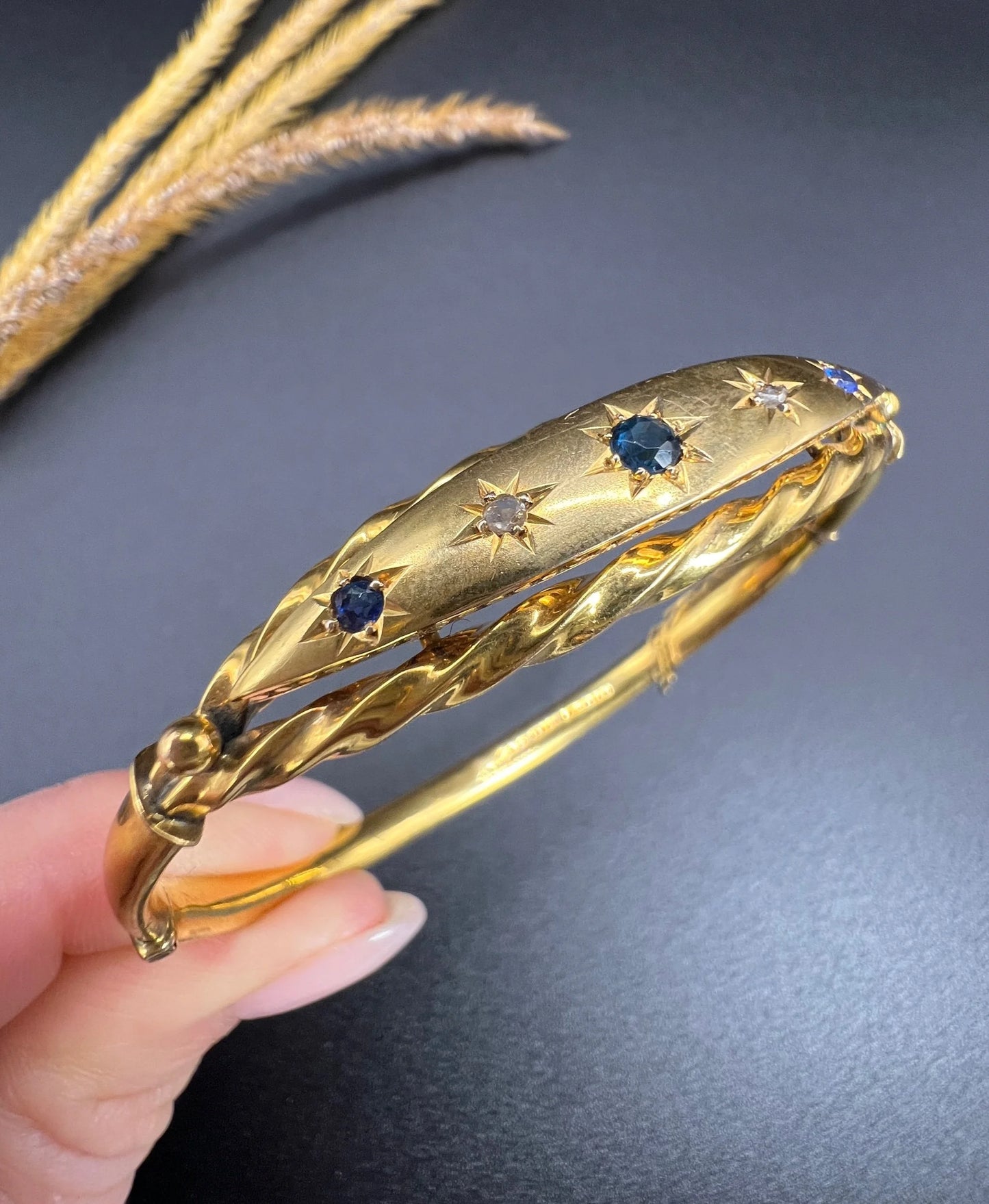 Antique 9 ct Yellow Gold, Edwardian Star Set Sapphire And Diamond Bangle