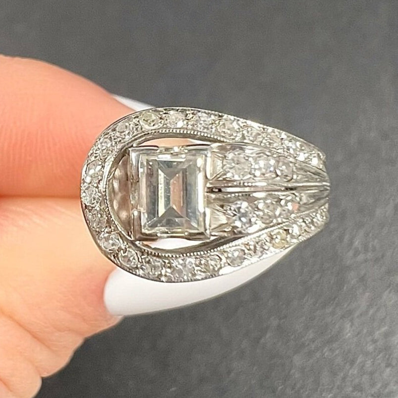 Vintage Emerald Cut Diamond Set Belt Buckle Ring