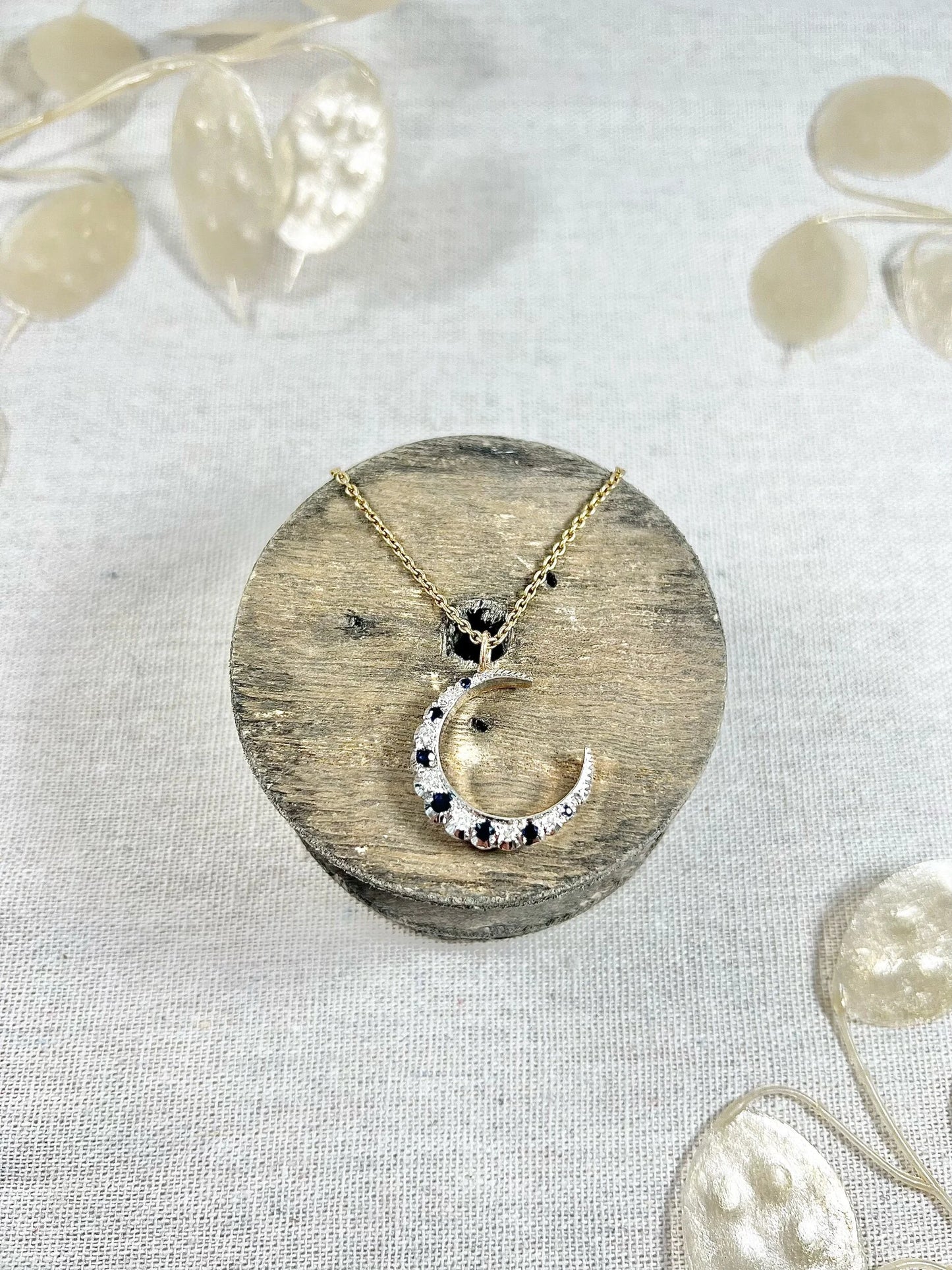 Victorian 9 Carat Gold, Silver, Sapphire and Diamond Crescent Moon Pendant
