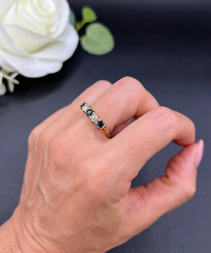 Vintage 18ct Yellow Gold, Victorian Style Sapphire and Diamond Five Stone Ring, London 1976