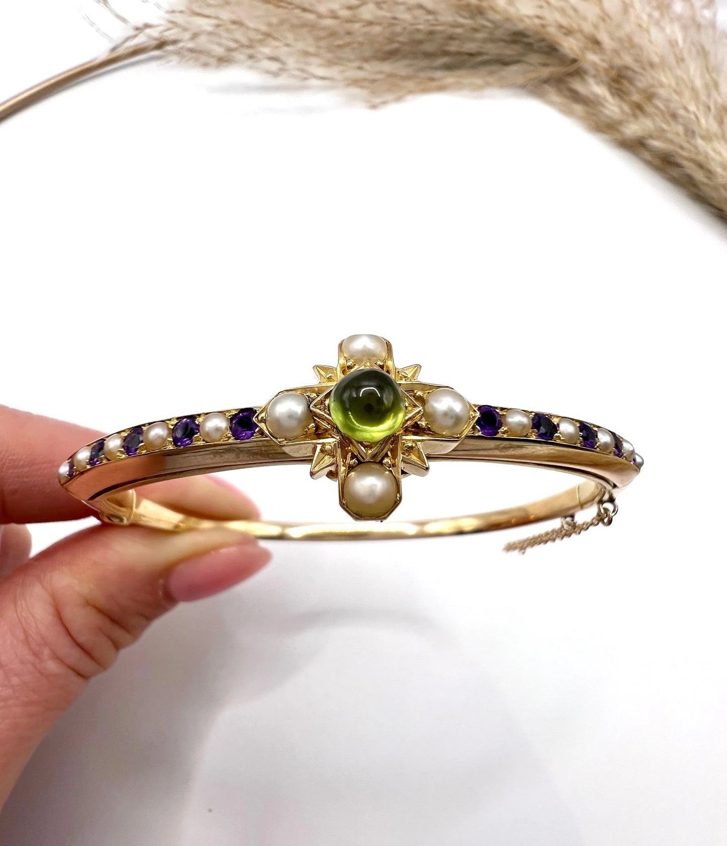 Antique 15 Carat Gold Peridot, Amethyst and Pearl Suffragette Bangle, Circa 1910