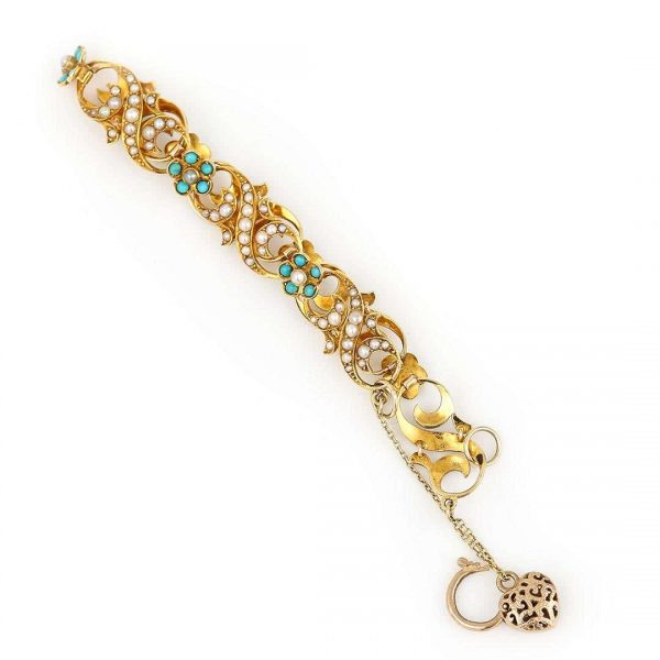 Antique Victorian 18ct Gold Turquoise Forget Me Not and Seed Pearl Bracelet Circa 1890