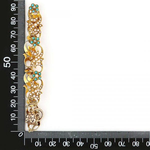 Antique Victorian 18ct Gold Turquoise Forget Me Not and Seed Pearl Bracelet Circa 1890