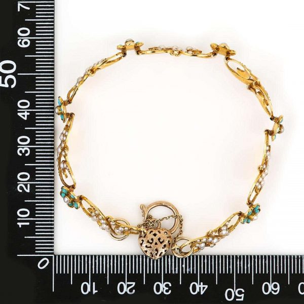 Antique Victorian 18ct Gold Turquoise Forget Me Not and Seed Pearl Bracelet Circa 1890