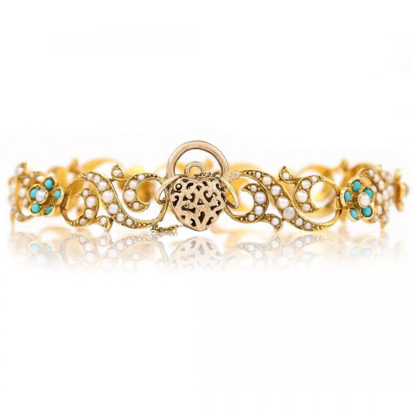 Antique Victorian 18ct Gold Turquoise Forget Me Not and Seed Pearl Bracelet Circa 1890