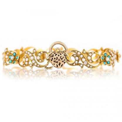 Antique Victorian 18ct Gold Turquoise Forget Me Not and Seed Pearl Bracelet Circa 1890
