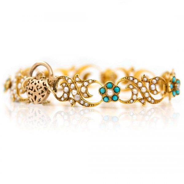 Antique Victorian 18ct Gold Turquoise Forget Me Not and Seed Pearl Bracelet Circa 1890