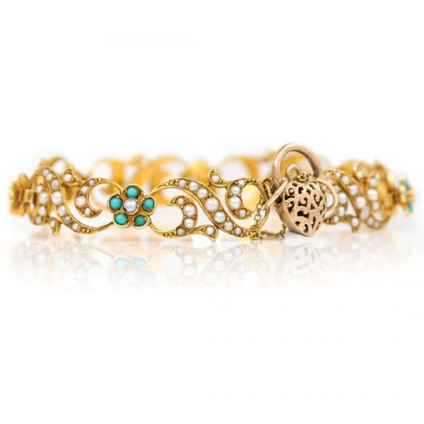 Antique Victorian 18ct Gold Turquoise Forget Me Not and Seed Pearl Bracelet Circa 1890
