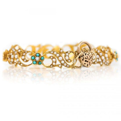 Antique Victorian 18ct Gold Turquoise Forget Me Not and Seed Pearl Bracelet Circa 1890