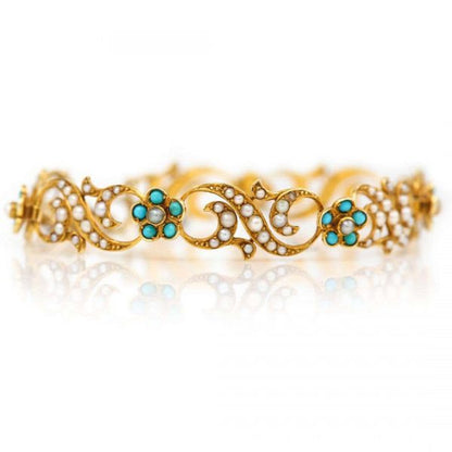 Antique Victorian 18ct Gold Turquoise Forget Me Not and Seed Pearl Bracelet Circa 1890