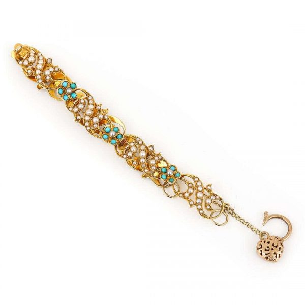 Antique Victorian 18ct Gold Turquoise Forget Me Not and Seed Pearl Bracelet Circa 1890