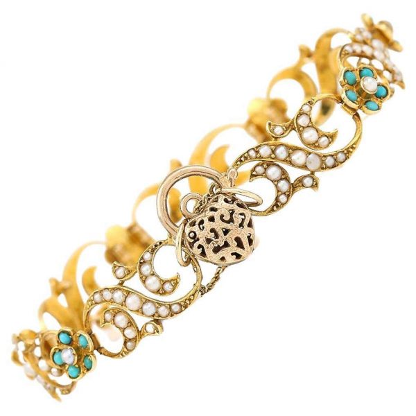 Antique Victorian 18ct Gold Turquoise Forget Me Not and Seed Pearl Bracelet Circa 1890