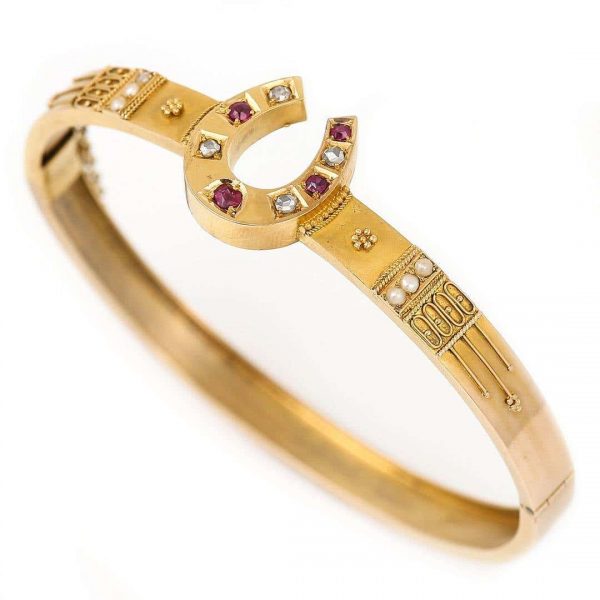 Antique Victorian 15ct Yellow Gold Ruby Diamond and Pearl Etruscan Style Bracelet