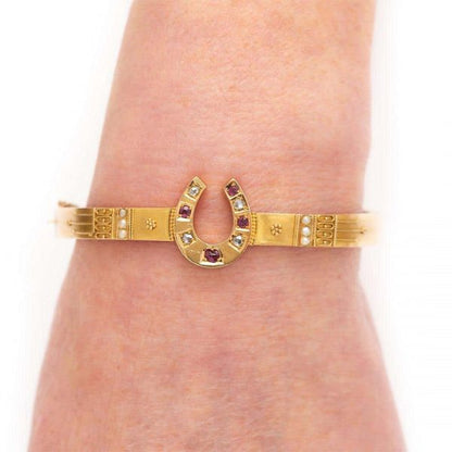 Antique Victorian 15ct Yellow Gold Ruby Diamond and Pearl Etruscan Style Bracelet