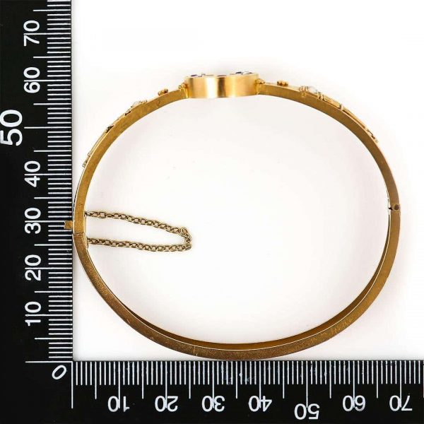 Antique Victorian 15ct Yellow Gold Ruby Diamond and Pearl Etruscan Style Bracelet